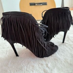 Black Fringe Lace-Up Peep-Toe Heels